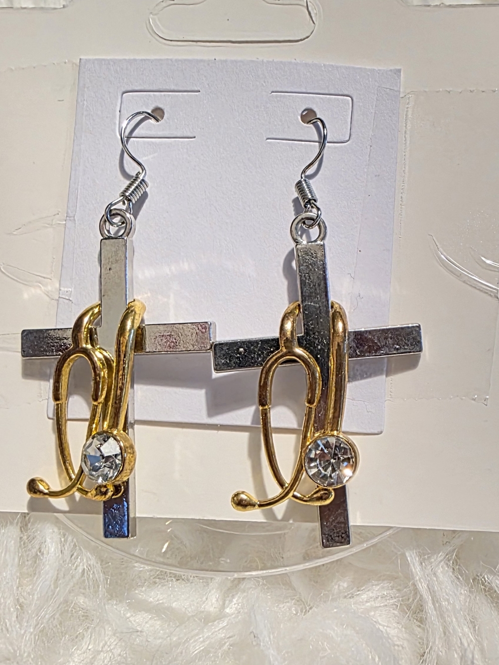 Gold & Silver Cross Drop Earrings with Crystal Accent